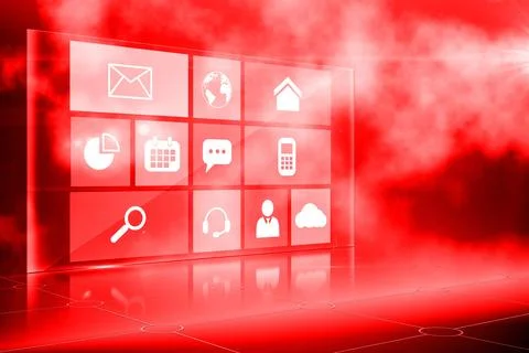Holographic interface panel is floating above reflective red tiles in 3D render Stock Photos