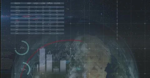 Holographic interface projecting index table over Earth, with bar or line Stock Illustration