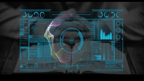 Holographic interface projecting over open book, central scanner emitting ribbon Video stock 329533331