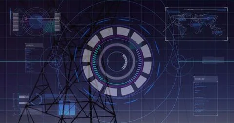 Holographic interface projecting in virtual console, with tower silhouette, Foto stock