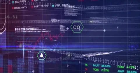 Holographic interface showing binary code and charts in control room, with CO? 库存插图