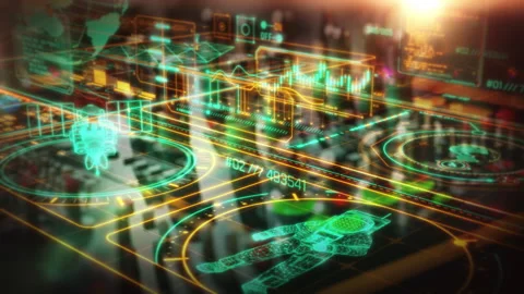Holographic interface showing rotating 3D model, graphs, data analysis Stock Footage 304760268