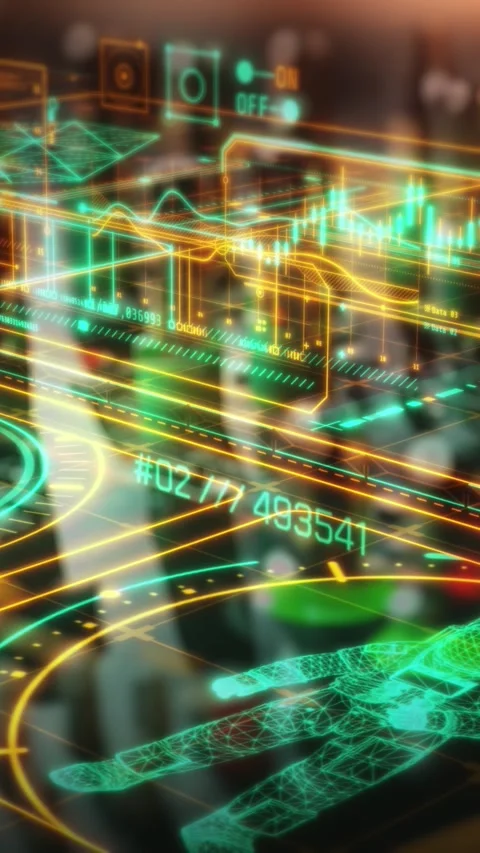 Holographic interface showing rotating 3D model, graphs, data analysis Stock Footage 324117934