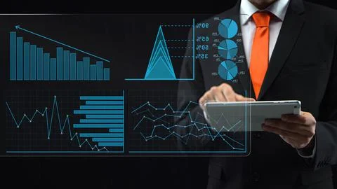 Holographic interface with touch screen and financial graph. Man in a black suit Stock Illustration
