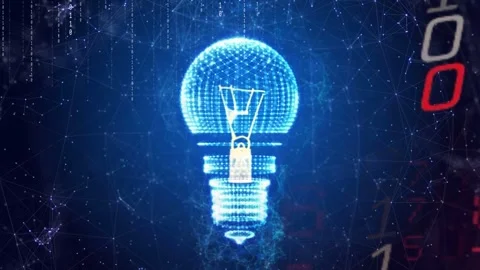 Holographic light bulb forming from node field, filament dropping, rings Video stock 334337771