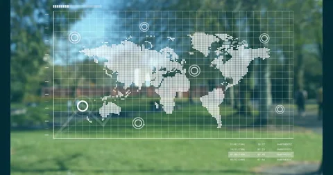 Holographic map and grid fading in, white line graph drawing nodes, visualizing Stock Footage 311501088