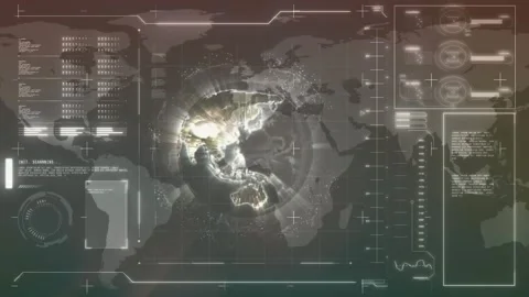 Holographic map emerging while halo expanding rotating globe scanning with Stock Footage 317594505