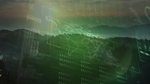 Holographic map floating over mountain ridges, displaying streaming data in Stock Footage 308025069