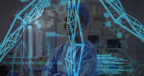Holographic network and code appearing guiding surgeon, fading into smiling pose Stock Footage 310659142