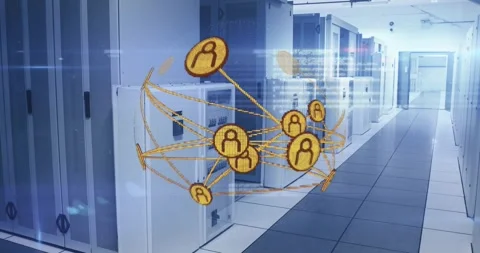 Holographic network appearing in server corridor, rotating and expanding, Stock Footage 330772104
