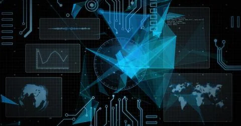 Holographic network rotating in command display, with translucent data panels Stock Photos