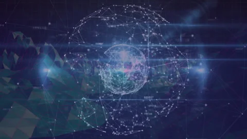 Holographic network sphere floating in 3D render interface, showing nodes, Stock Footage 308025317