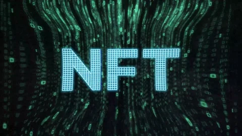 Holographic NFT Inscription On Binary Code Background Animation. 4K Stock Footage 195194709