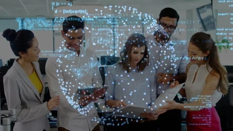 Holographic node cloud appearing, team exchanging docs, tapping tablet, Stock Footage 331757321