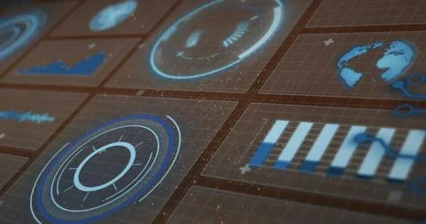 Holographic panel displaying data in control room with circular gauges and globe Stock Photos
