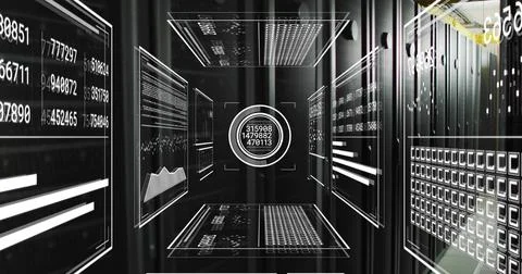 Holographic panels displaying data charts in server corridor with server racks Stock Illustration