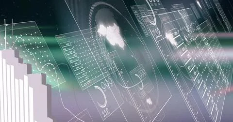 Holographic panels shifting in digital interface, with world map and lens flare Foto stock