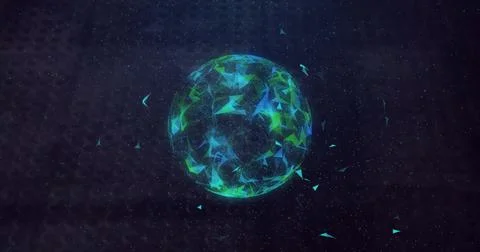 Holographic polygonal globe receiving data pulse and releasing fragments Stock Illustration