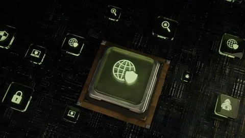 Holographic Processor with Cybersecurity Icons Data Encryption Lock Global .. Stock Photos