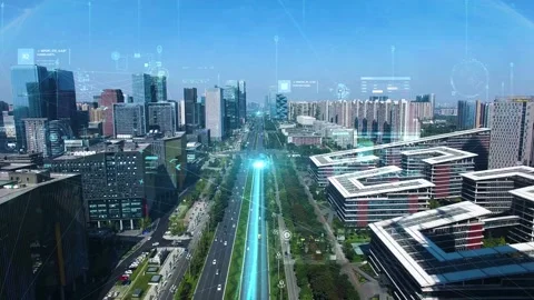 Holographic projection effect, 5G technology communication city Stock Footage 320007127