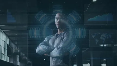 Holographic ring activating, man raising and crossing arms in warehouse Stock Footage 331820704