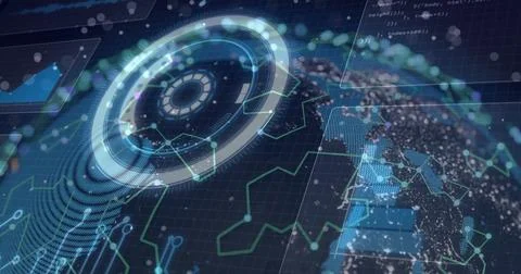 Holographic ring spinning in control center, with network data nodes, UI code Illustrazione stock