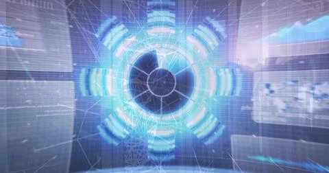 Holographic round interface projecting data rings in virtual control room with Stock Illustration