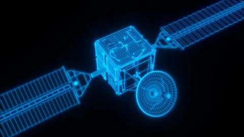Holographic Satellite Wireframe 3D Render Concept for Space Technology Stock Illustration