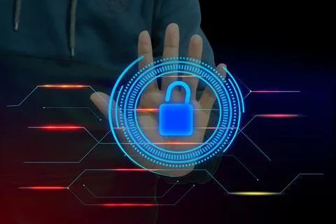 Holographic security interface with a padlock icon concept for cyber securi.. イラスト素材