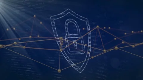 Holographic shield displaying padlock icon floating over code background, Stock Footage 330407860