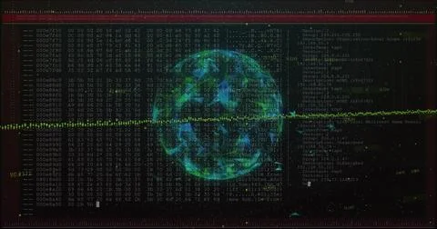 Holographic sphere floating in interface, with hex code, ASCII output, green Stock Photos