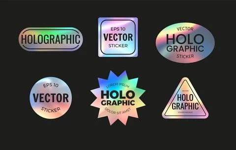 Holographic stickers with text vector set, holographic metal foil tags, badges Stock Illustration