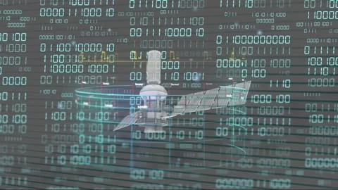 Holographic tower rotating after data pulse, binary matrix shifting, rings Stock Footage 335211999