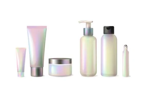 Holographic vector cosmetic packaging set with pearlescent effect Stock Illustration