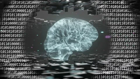 Holographic wireframe brain rotating and pulsing as binary ring materializing, Stock Footage 334351924