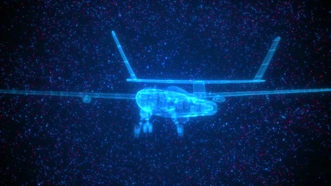 Holographic Wireframe Drone Rotating in Digital Starry Space Vidéo 344244947