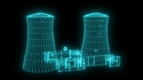 Holographic wireframe model of nuclear power plant technology Stock Illustration