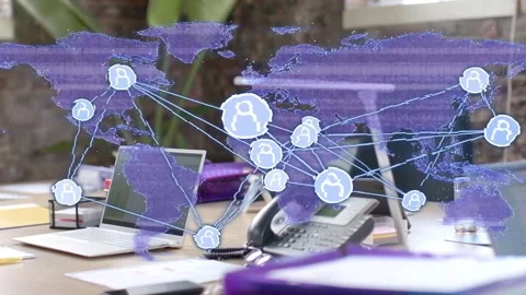 Holographic world map activating over desk, nodes pulsing and expanding Stock Footage 335761769