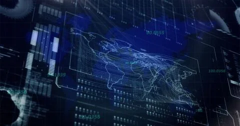 Holographic world map overlay hovering on grid in control room with streaming Foto stock