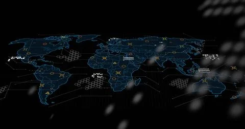 Holographic world map projecting blue outlines with hex grid and glowing Stock Illustration