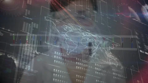 Holographic world map projecting flowing vector lines, showing colored bar Stock Footage 308047032