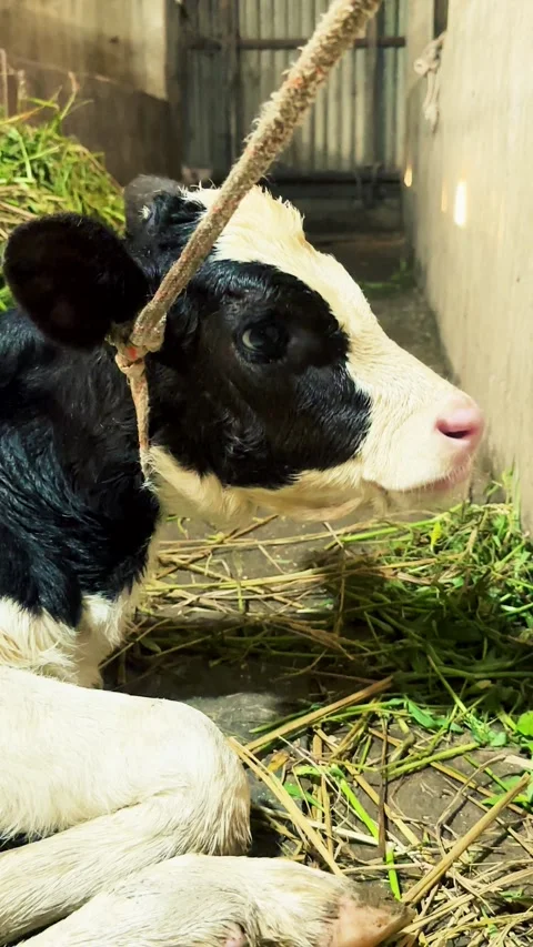 Holstein Calf, Gently Swaying Head with Hay and Straw Bedding Stock Footage 345505749