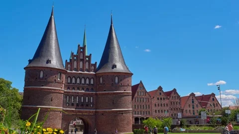 The Holsten Gate in Lubeck, Germany. Old Town architecture Stock Footage 142956858