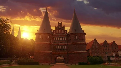 Holsten Gate at sunset, Luebeck, Germany Stock Footage 80999889