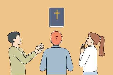 Holy bible near praying people enthusiastically looking at christian book with Stock Illustration