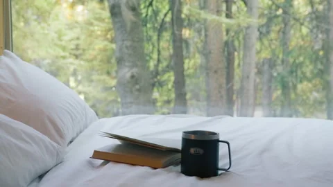 Holy Bible open on bed at large window facing garden, beautiful spruce forest 스톡 동영상 219446816