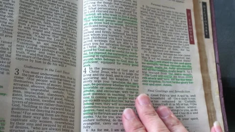 Holy bible open to the book of 2 Timothy chapter 3. Video stock 335628966