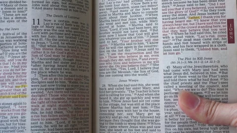 Holy Bible open up to the book of John chapter 11 of the new testament. Video stock 335859435