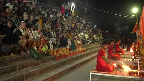 Holy Devotees Watching Aarti in Rishikesh India Stock Footage 337625394