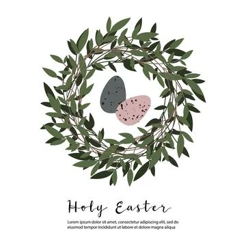 Holy Easter. Cute easter egg, nest, branch and leaves. Eco rustic decoration. Stock Illustration